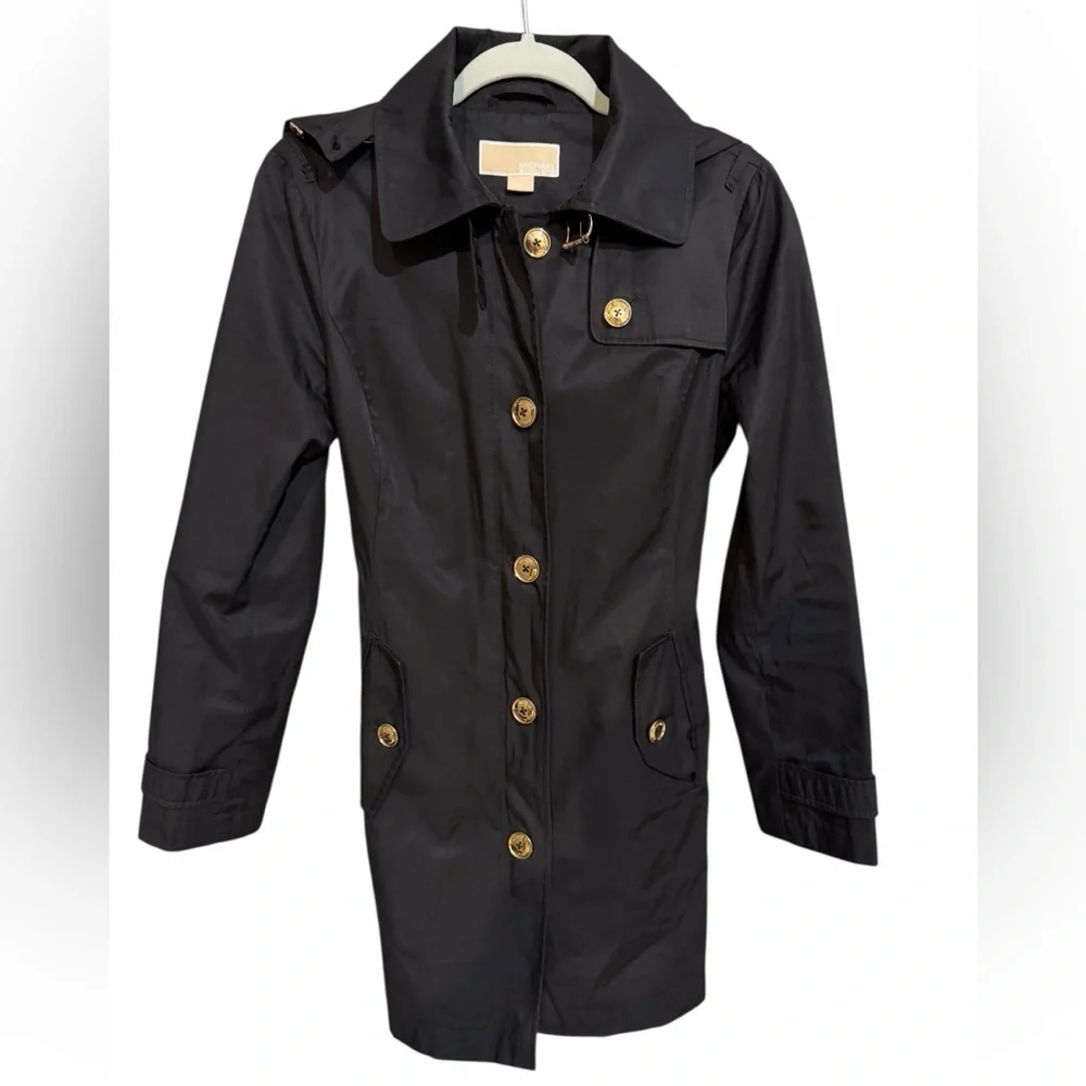 Michael Kors Black Waterproof Trench Coat with Gold Accents - Picture 3 of 7